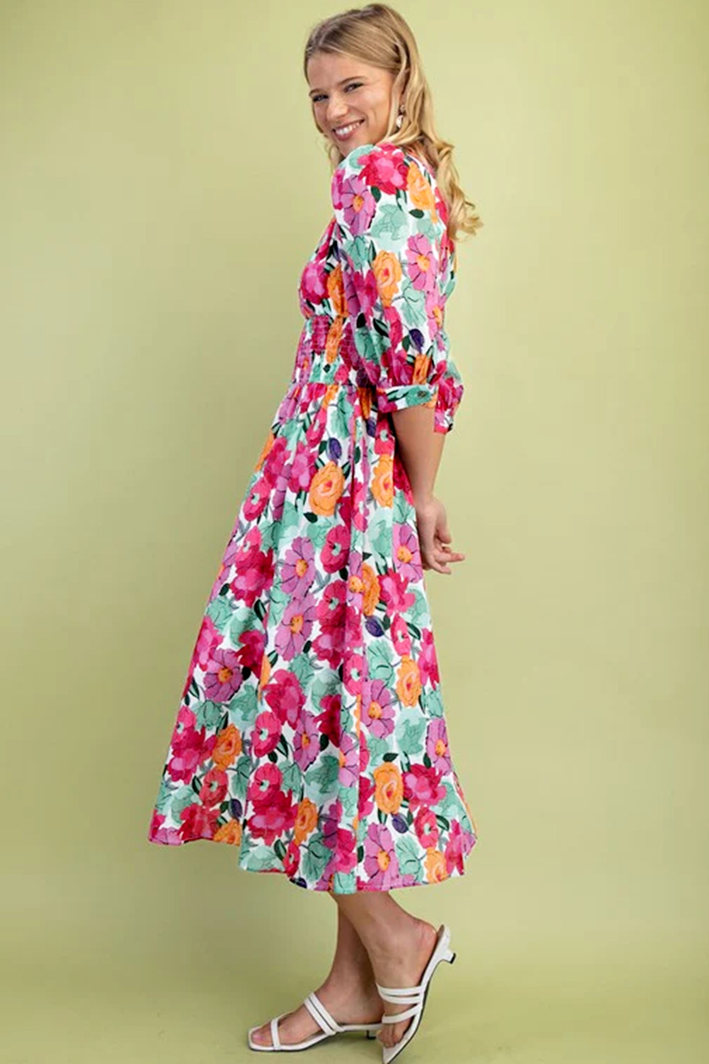 Rose Vibrant Floral Print V Neck Zip Up Puffy Half Sleeve Dress