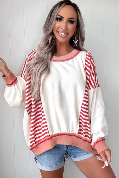 Red Stripe Colorblock Patchwork Contrast Stitching Oversize Sweatshirt