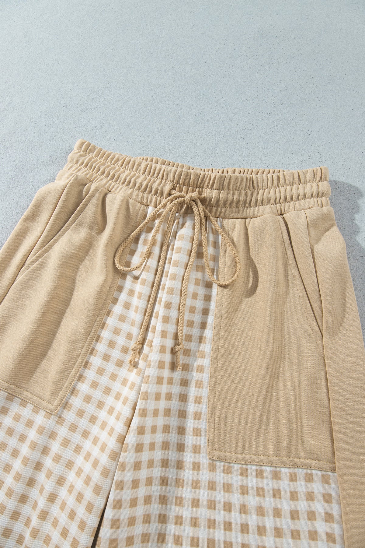 Khaki Color Block Plaid Patchwork Long Sleeve Pullover Wide Leg Pant Set