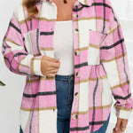 Pink Plaid Color Block Buttoned Long Sleeve Jacket with Pocket
