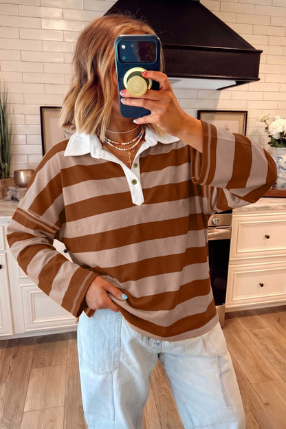 Brown Stripe Contrast Polo Collar Bracelet Sleeve Loose Top