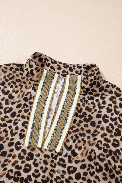 Leopard Contrast Trim V Neck Half Sleeve Western Dolman Blouse
