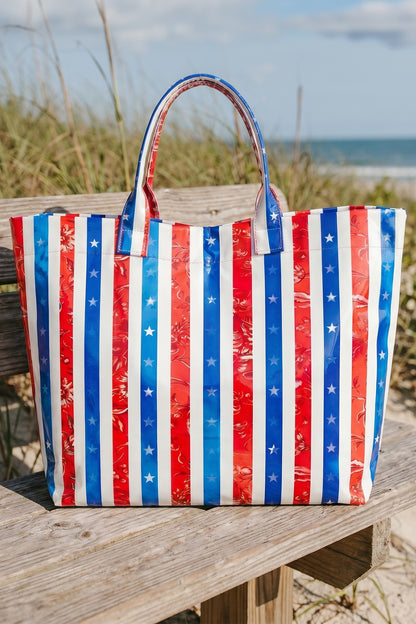 Sky Blue Patriotic Stars and Stripes Pattern Vinyl Glossy Tote Bag