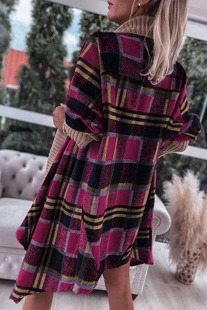 Brown Ribbed Splicing Plaid Open Front Cardigan