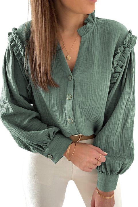 Green Frilled Split Neck Crinkled Shirt