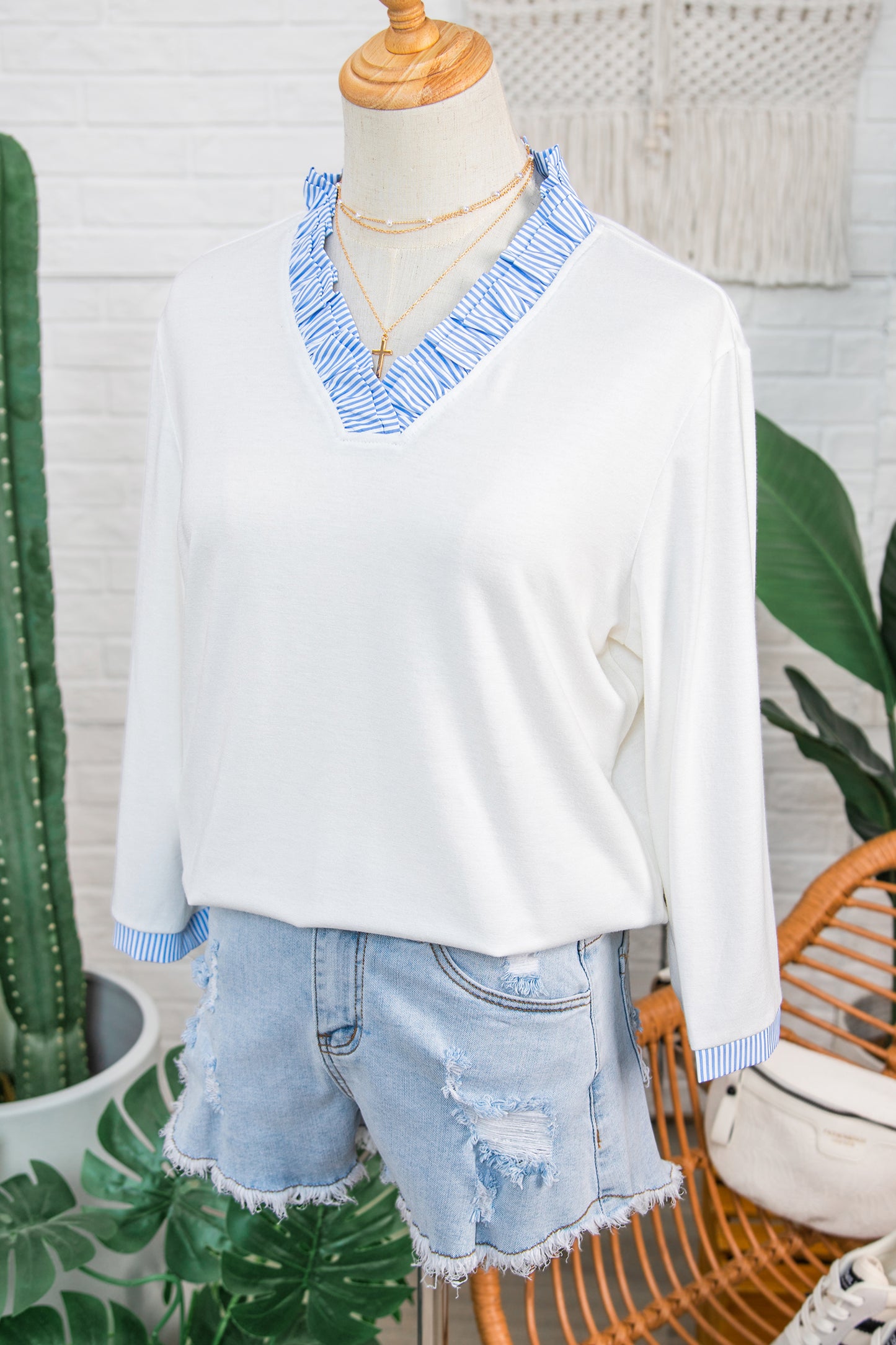 White Striped Patchwork V Neck 3/4 Sleeve Blouse