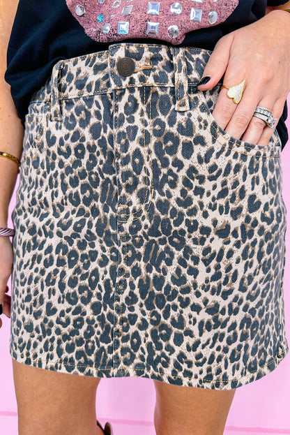 Mini-jupe en jean kaki à imprimé léopard
