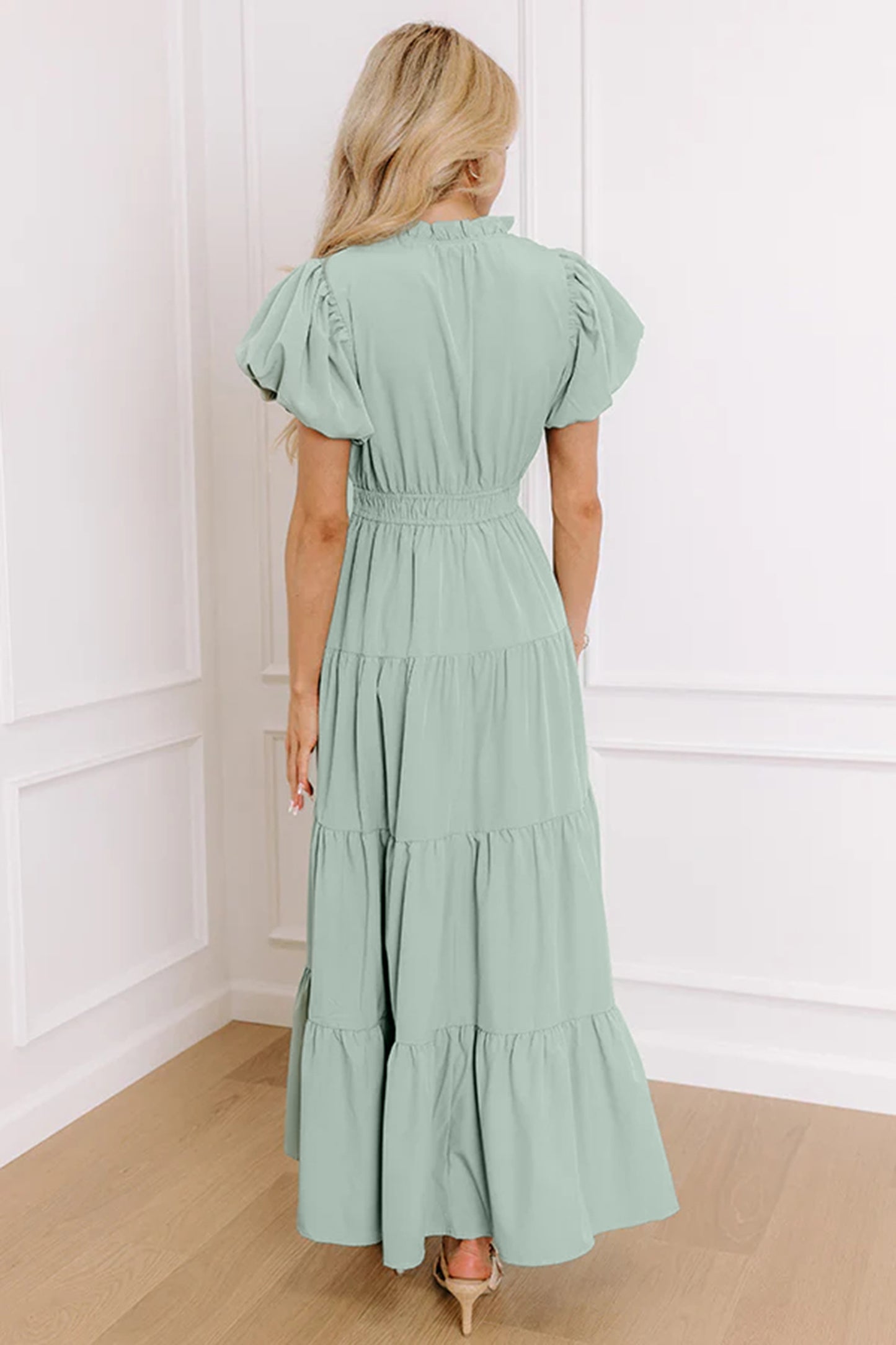 Bright Green Solid Color V Neck Short Puff Sleeve High Waist Tiered Maxi Dress