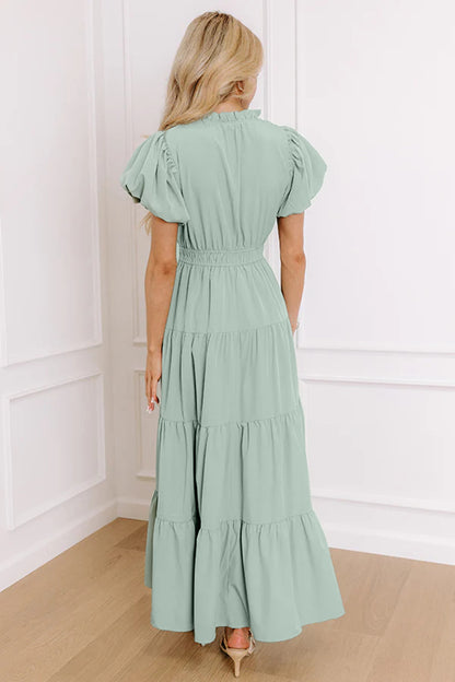 Bright Green Solid Color V Neck Short Puff Sleeve High Waist Tiered Maxi Dress