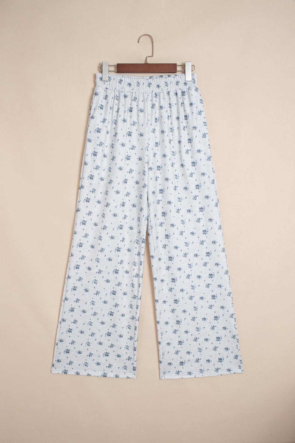 Gray Floral Print Elastic Waist Full Length Regular Pants