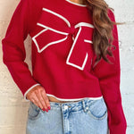 Fiery Red Contrast Trim Big Bow Accent Holiday Cropped Sweater
