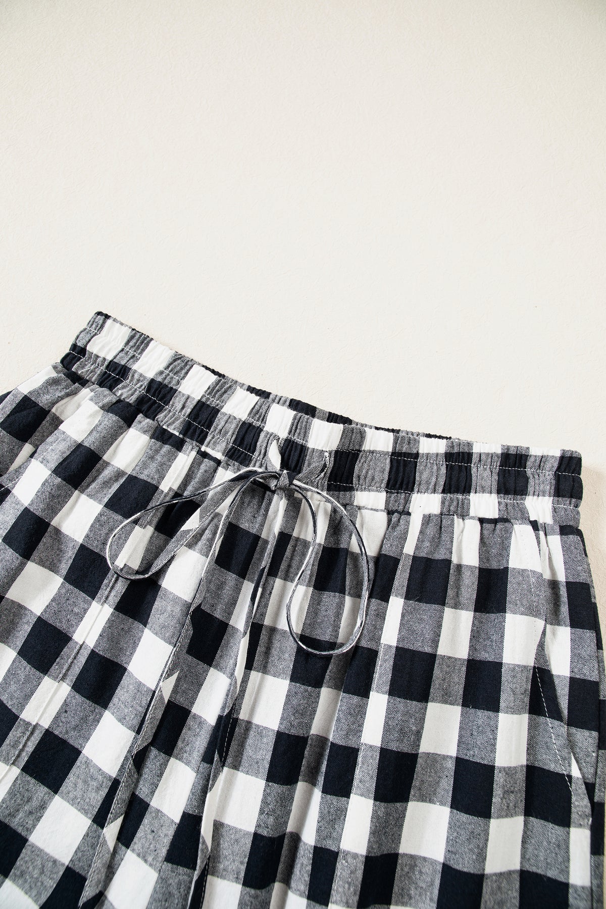 Blue Gingham Plaid Tie Elastic Waist Shift Pants