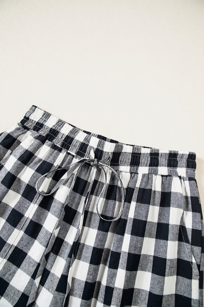 Blue Gingham Plaid Tie Elastic Waist Shift Pants