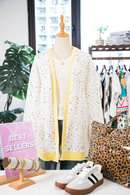 White Abstract Confetti Pattern Color Block Ribbed Cuffs Casual Cardigan