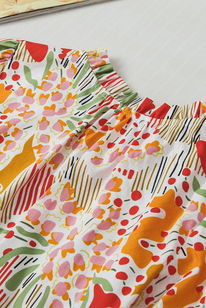 Chemisier à manches courtes et volants à imprimé floral rose