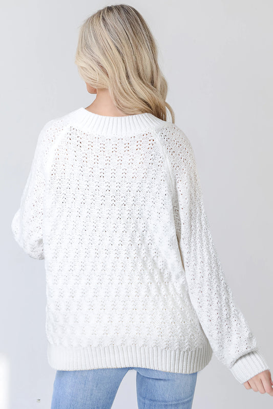 White Textured Knit Ribbed Edge V Neck Loose Sweater