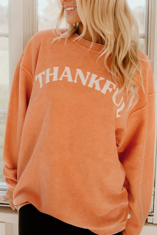 Sweat-shirt orange à cordon avec imprimé lettre THANKFUL