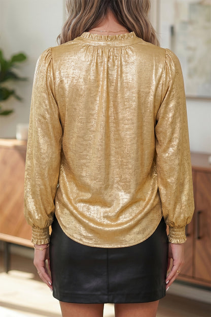 Gold Metallic Sheen V Neck Gathered Cuff Long Sleeve Blouse