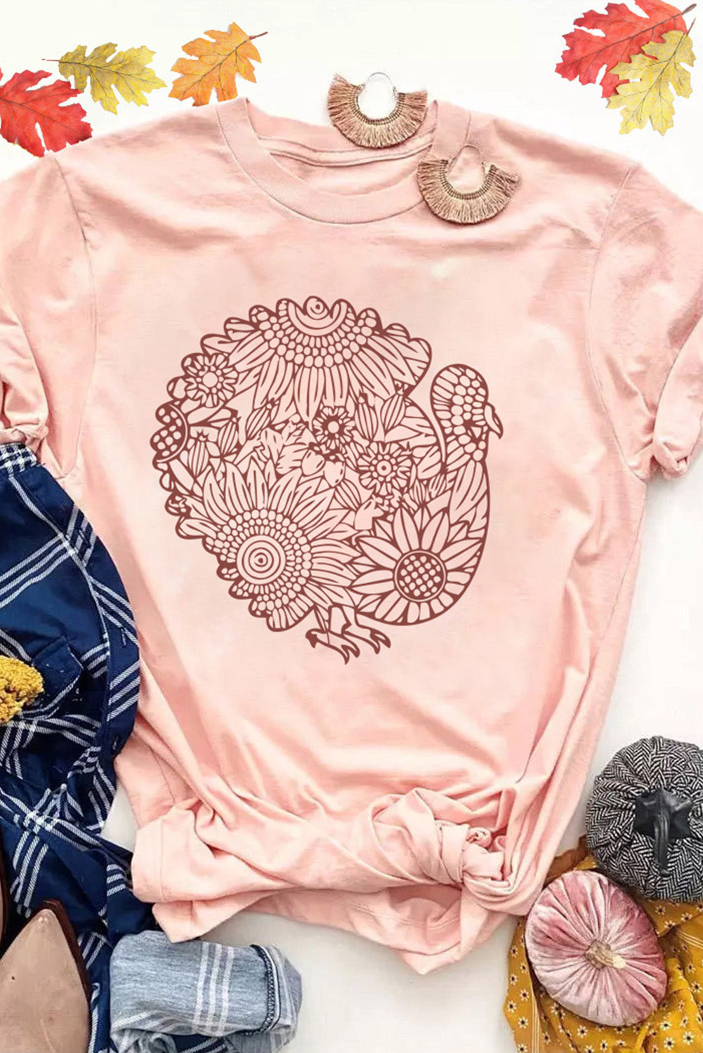 T-shirt à manches courtes avec imprimé floral et motif dinde