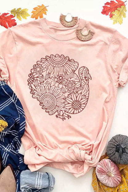 T-shirt à manches courtes avec imprimé floral et motif dinde