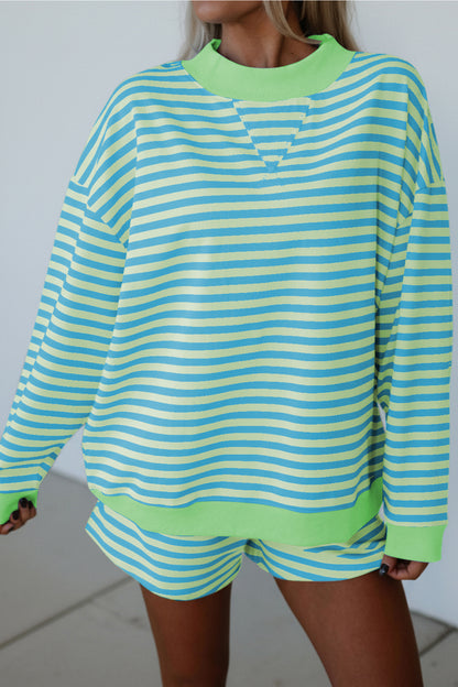 Pink Stripe Color Block Detail Long Sleeve Pullover Elastic Waist Pull On Shorts 2pcs Set
