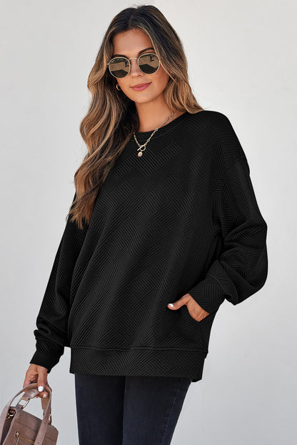 Black Solid Color Textured Round Neck Drop Shoulder Pullover Sweatshirt