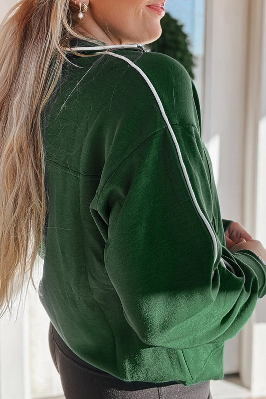 Sea Green High Neck Zip-Up Loose Fit Long Sleeve Sweatshirt