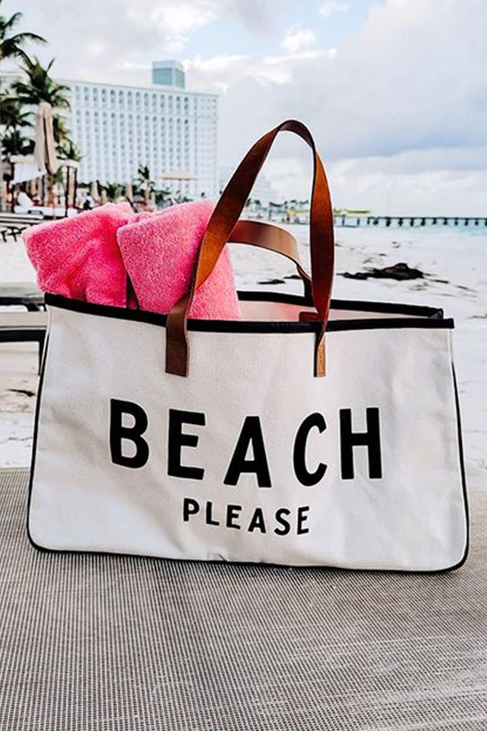 Grand sac fourre-tout en toile blanc brillant avec imprimé BEACH PLEASE 