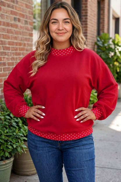 Red Polka Dot Patchwork Round Neck Plus Size Sweatshirt