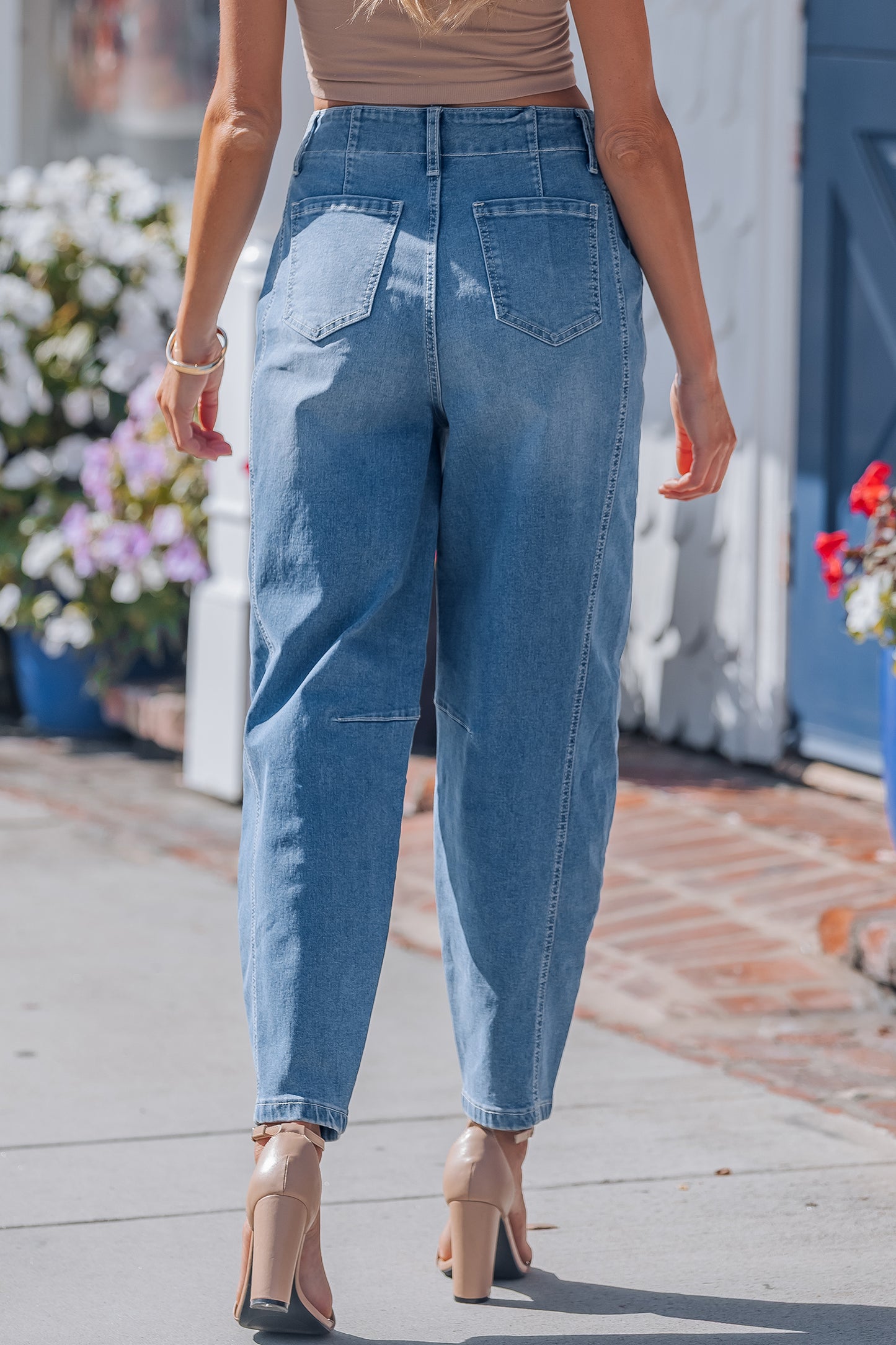 Sky Blue Medium Wash Cuffed Barrel Jeans