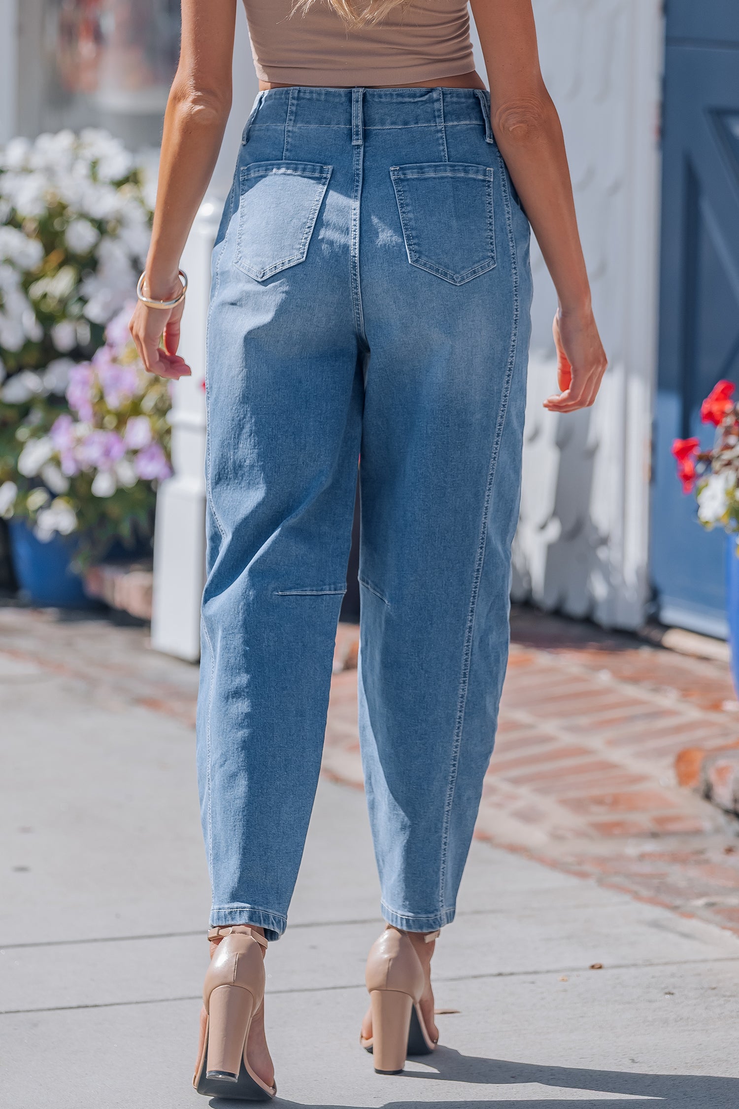 Sky Blue Medium Wash Cuffed Barrel Jeans