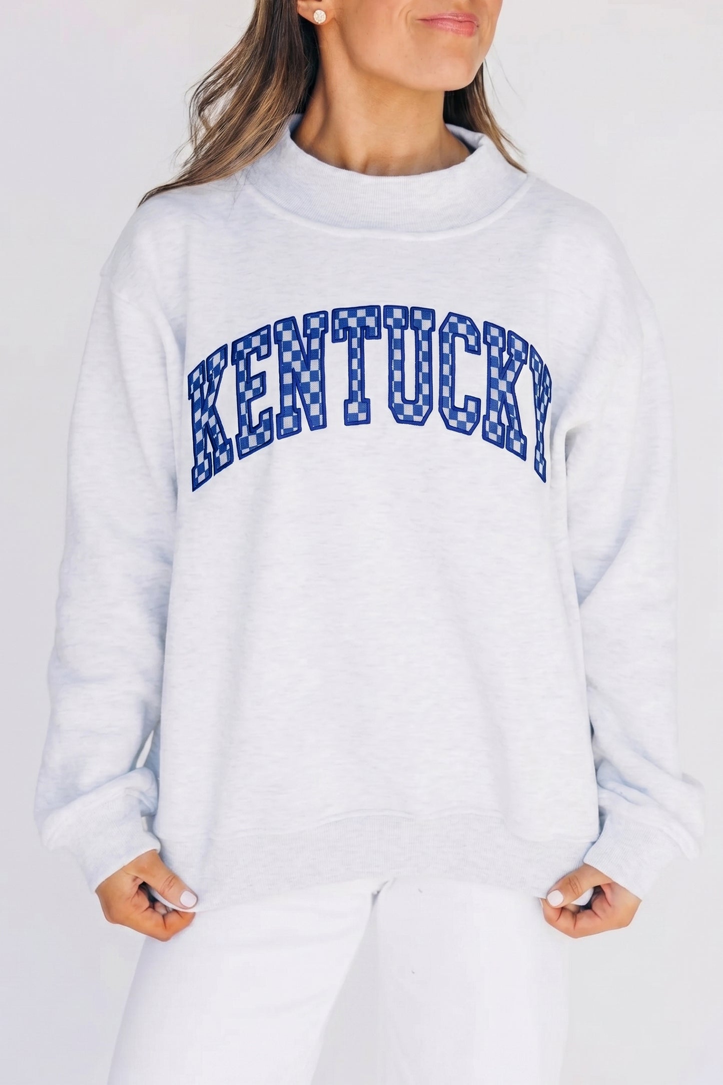 Light Grey High Neck Embroidered Checkered Letter Game Day Sweatshirt