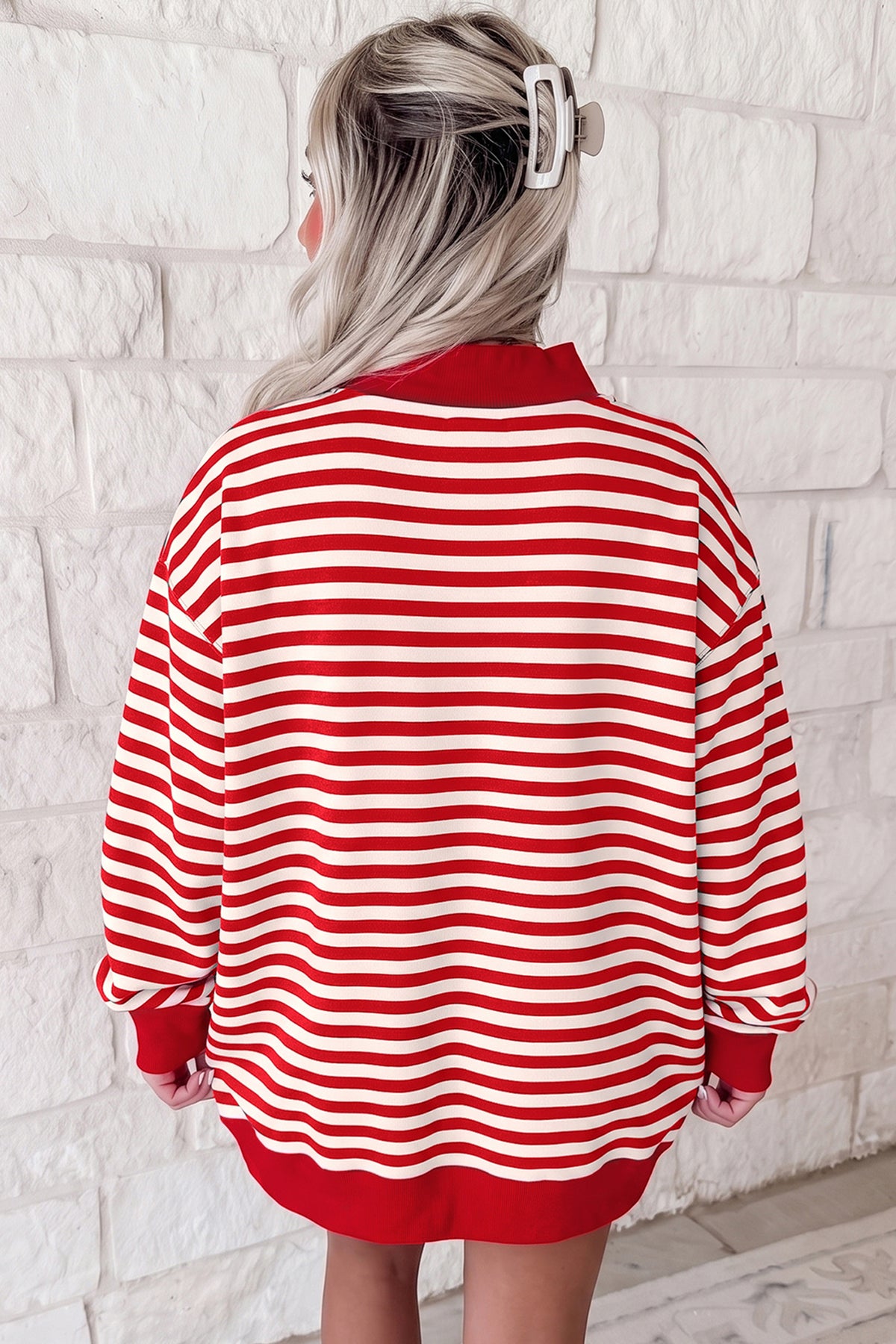 Red Stripe Plus Size MERRY Festive Letter Embroidery Patched Graphic Pullover Sweatshirt