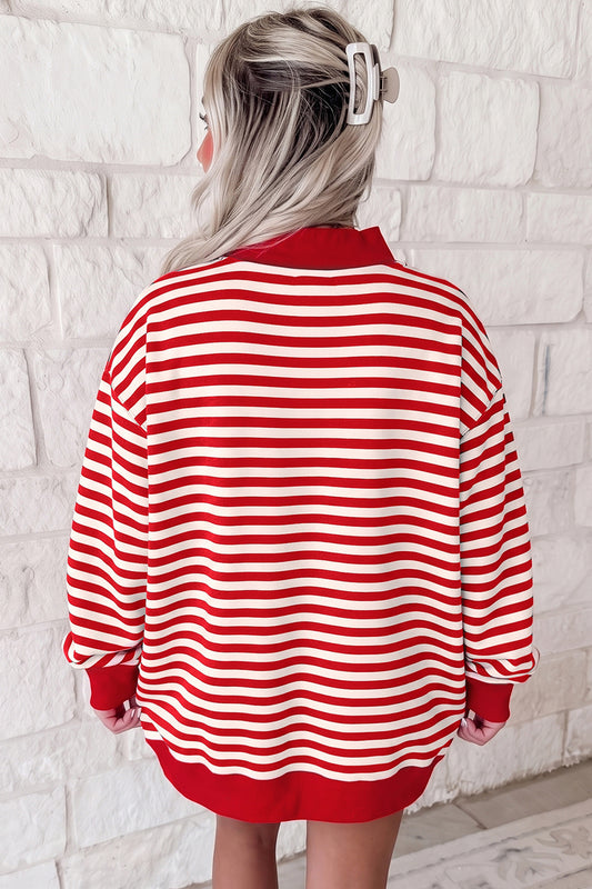 Red Stripe Plus Size MERRY Festive Letter Embroidery Patched Graphic Pullover Sweatshirt