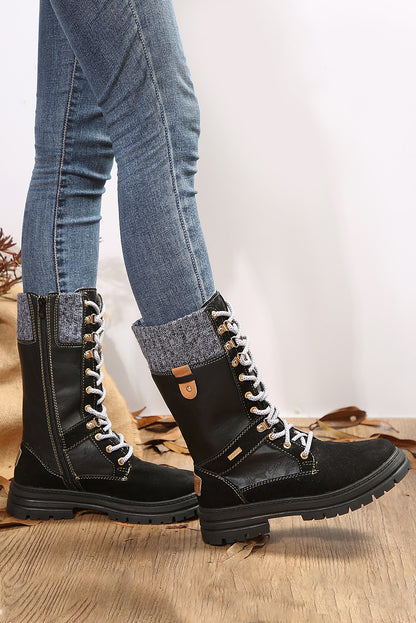 Coffee Wool Knit Patchwork Lace Up Leather Boots