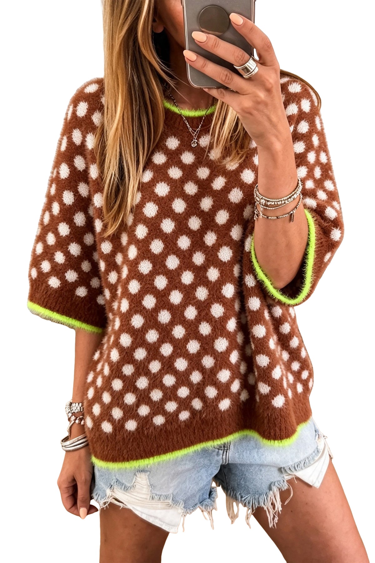 Coffee Polka Dot Contrast Trim Round Neck Half Sleeve Sweater