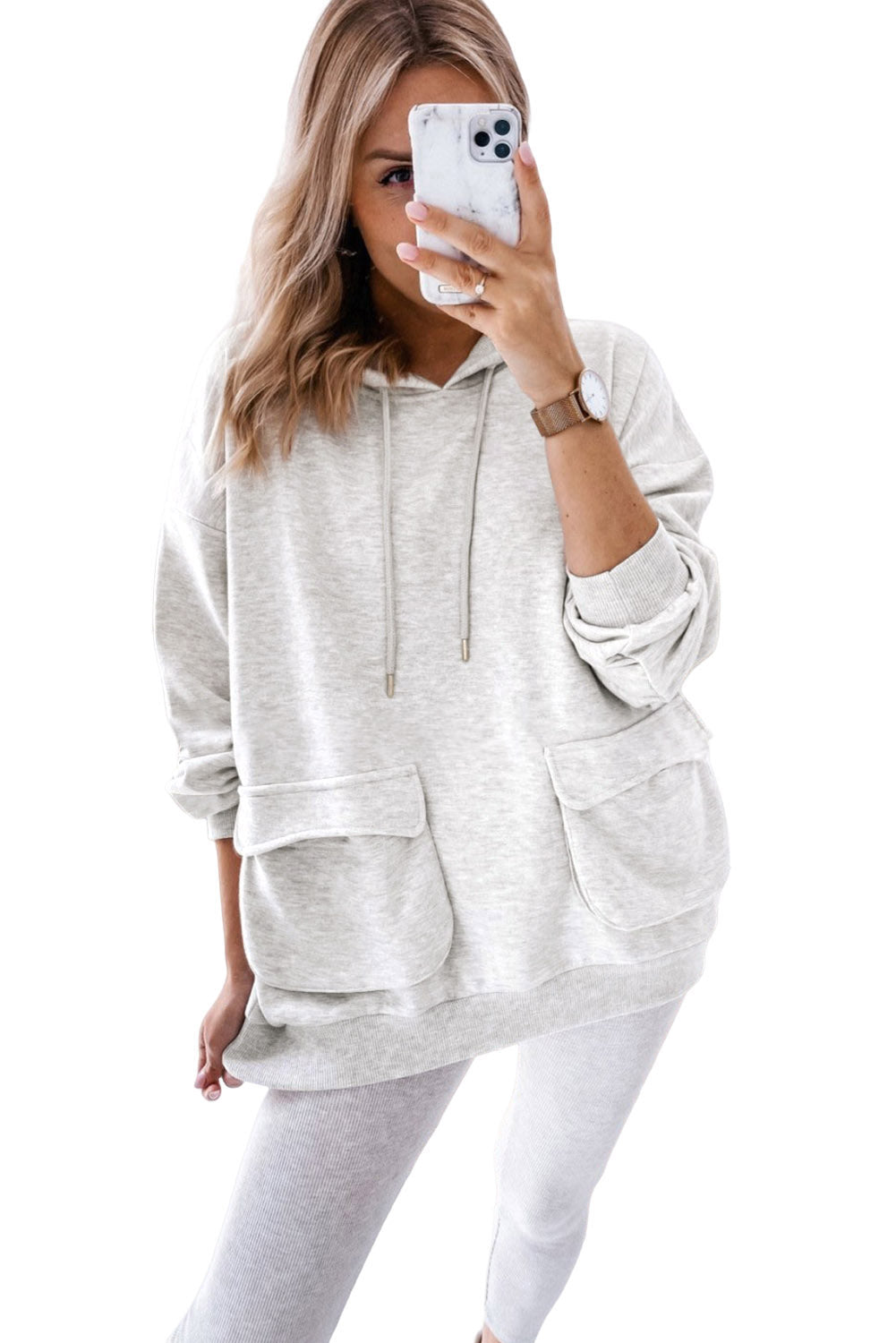 Sudadera con cordón y bolsillo con solapa doble albaricoque