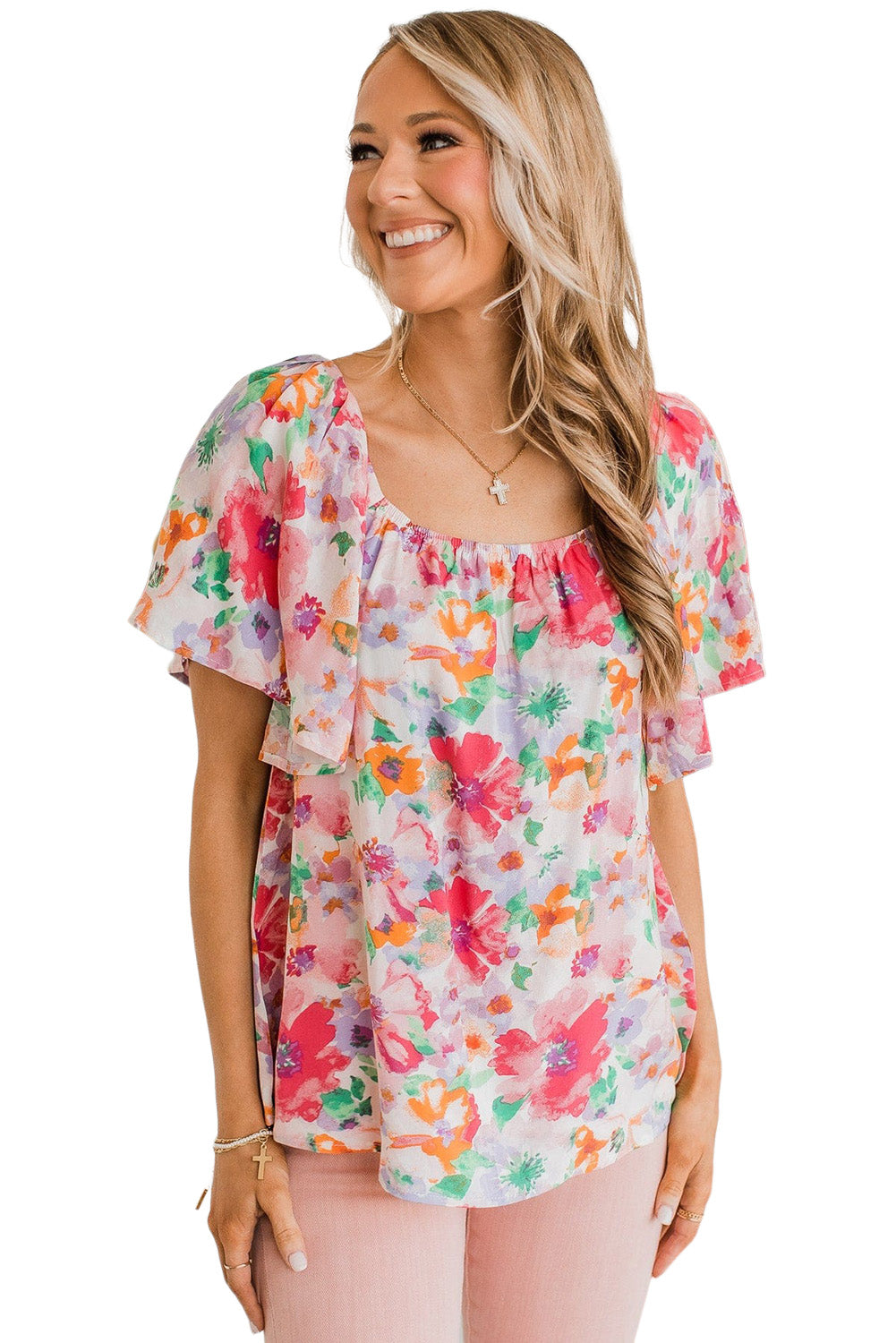 Blusa con manga con volante y cuello cuadrado floral de acuarela multicolor
