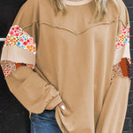 Khaki Exposed Seam Floral Mixed Patchwork Relaxed Plus Size Top