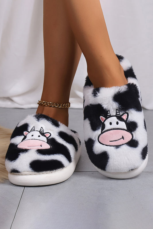 Bright White Cartoon Cow Embroidered Fuzzy Home Slippers