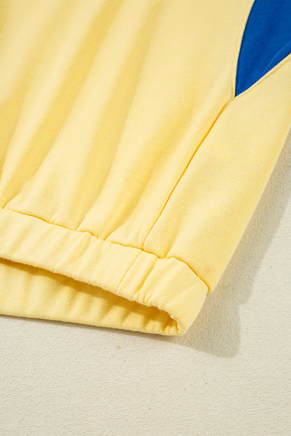 Yellow Color Block Patchwork Half Button Pullover and Shorts 2pcs Outfit