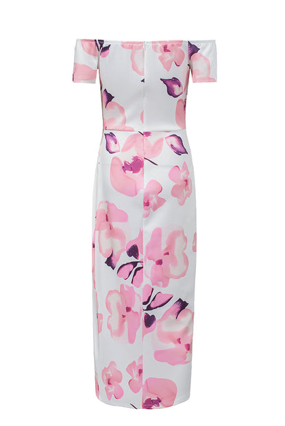 Robe mi-longue moulante fendue à épaules dénudées et imprimé floral bleu foncé