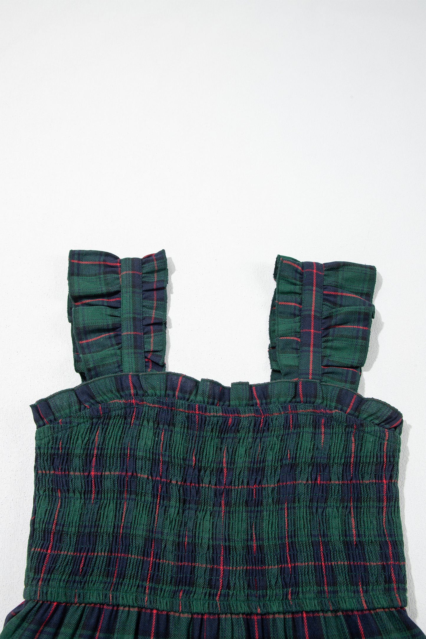 Green Plaid Ruffle Sleeveless Shirred Bodice Tiered Midi Dress