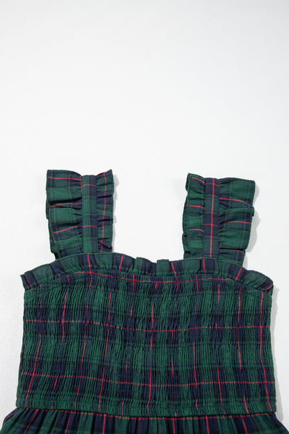 Green Plaid Ruffle Sleeveless Shirred Bodice Tiered Midi Dress