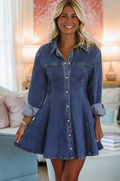 Ashleigh Blue Denim Shirt Collar Long Sleeve Flared Mini Dress Ashleigh Blue / M / 74.7%Cotton+16.5%Polyester+8.8%Regenrated Fibre