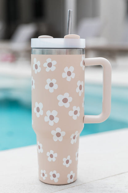 Vaso inoxidable con tapa y pajita con estampado de flores de pergamino 