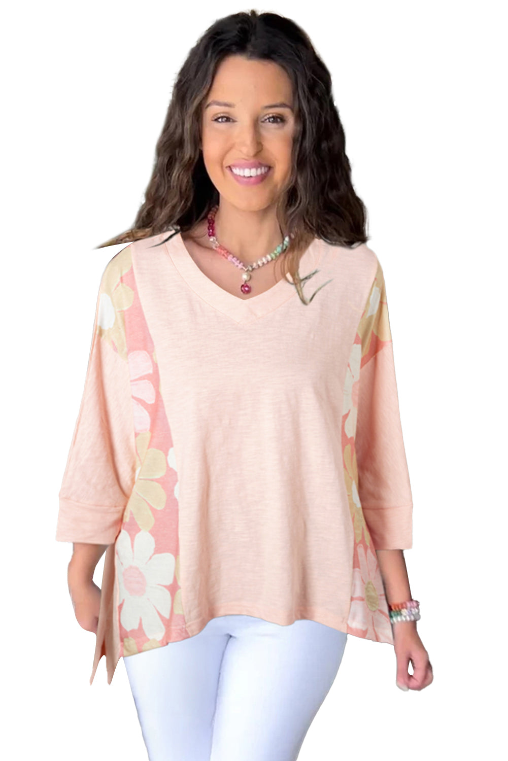 Haut-bas surdimensionné à coutures apparentes et patchwork de fleurs roses