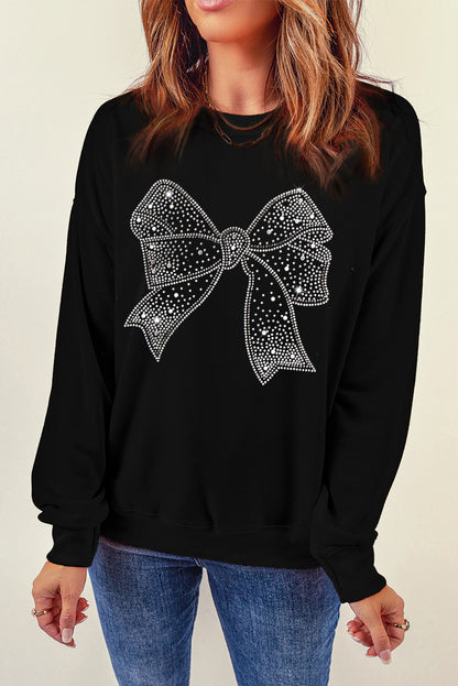 Sweat-shirt ras du cou noir à motif nœud papillon et strass
