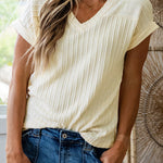Beige Twisted Texture Knit V Neck T Shirt