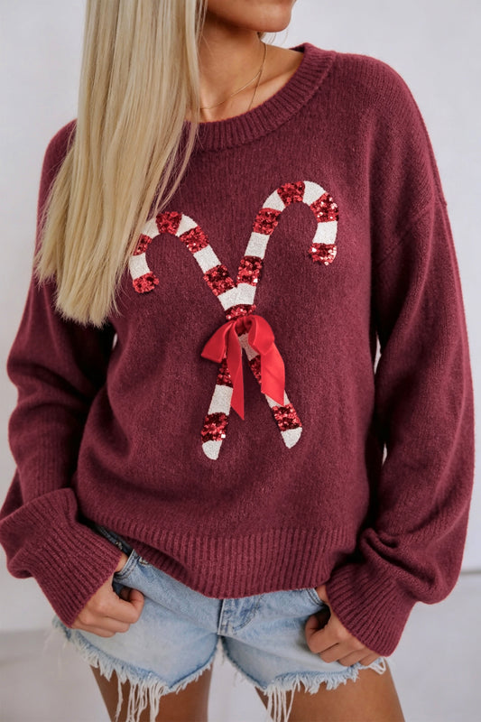 Red Dahlia Sequined Candy Cane Festive Casual Christmas Sweater